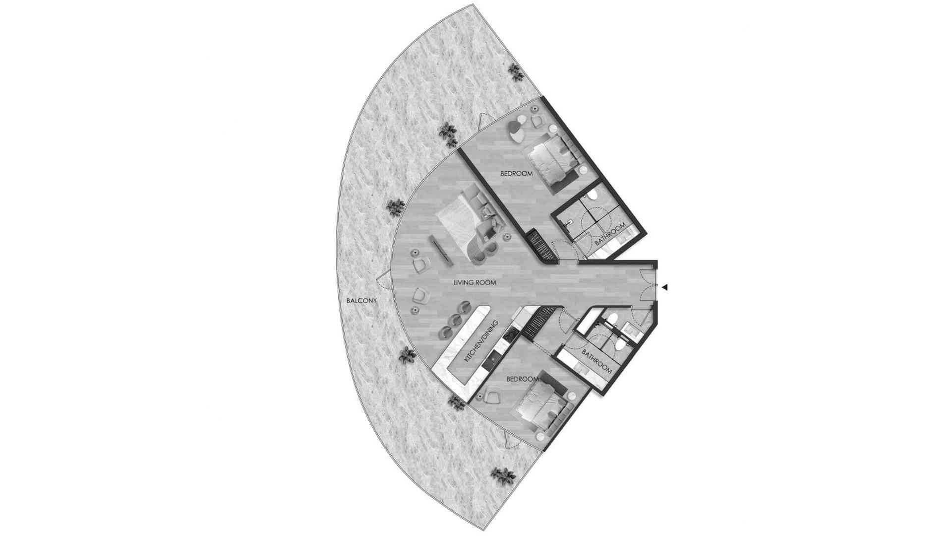 Apartment floor plan, 2 bedrooms in THE BEACH RESIDENCES No. 11010